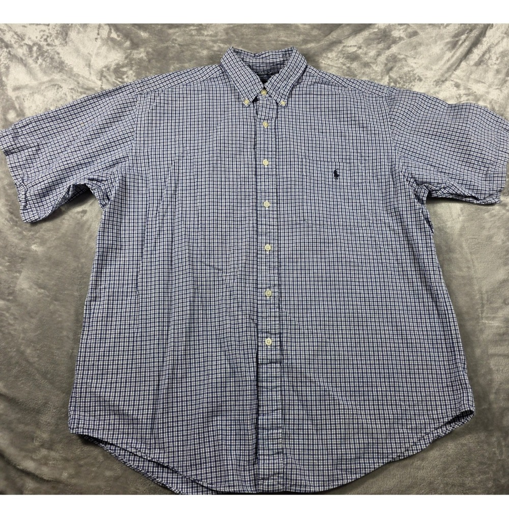 Ralph Lauren Golf Tilden Shirt Mens Large Blue Gingham Check Short Sleeve Cotton